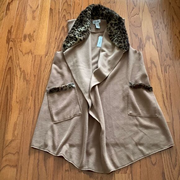 Le Moda NWT Open Front vest with faux fur animal print collar XL-XXL - Picture 1 of 8